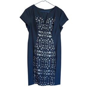 Dressbarn Collection Dress Black Lace Panel Size 10P Stretch Short Sleeve